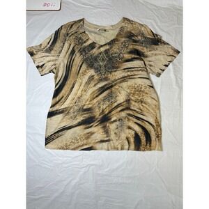 CJ Banks 1X Beige Brown Black Animal Print V Neck Short Sleeve Top Shirt